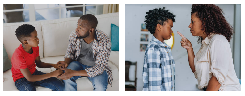 two images - father talking kindly to boy, mother telling boy off